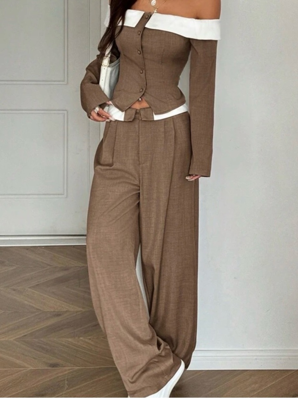 SHEIN Brown Off-Shoulder Top and Wide-Leg Pants Set with White Trim
